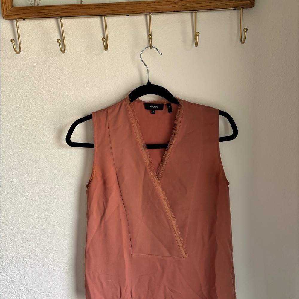 Theory Frayed Edge Wrap V-Neck Top in Rosy Pink size small (petite) 100% silk